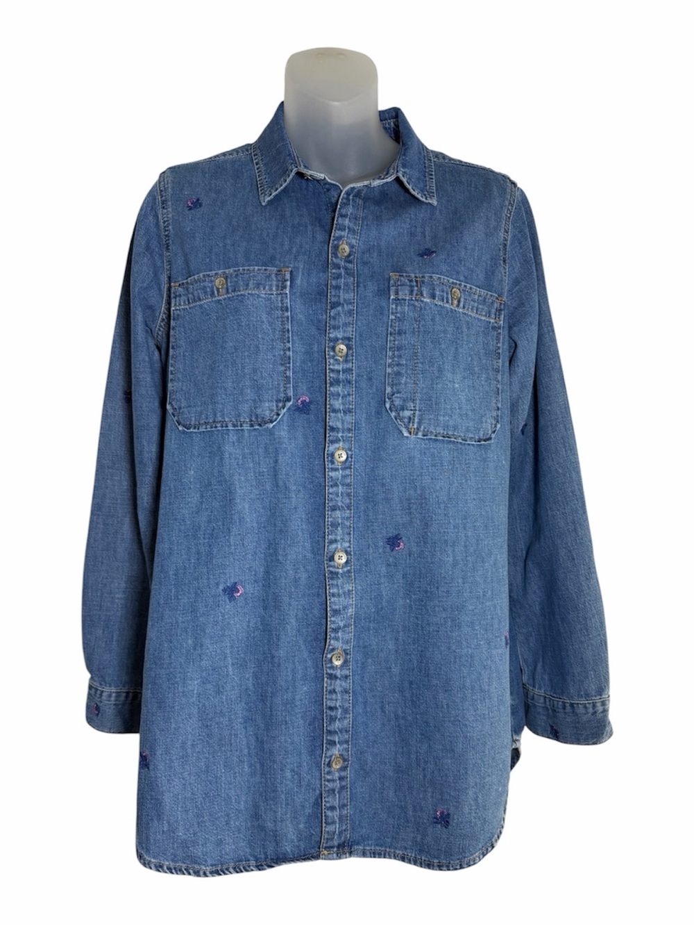 Lucky Brand Blue Denim Embroidered Pineapple Shirt Small Blue Chambray Button Up